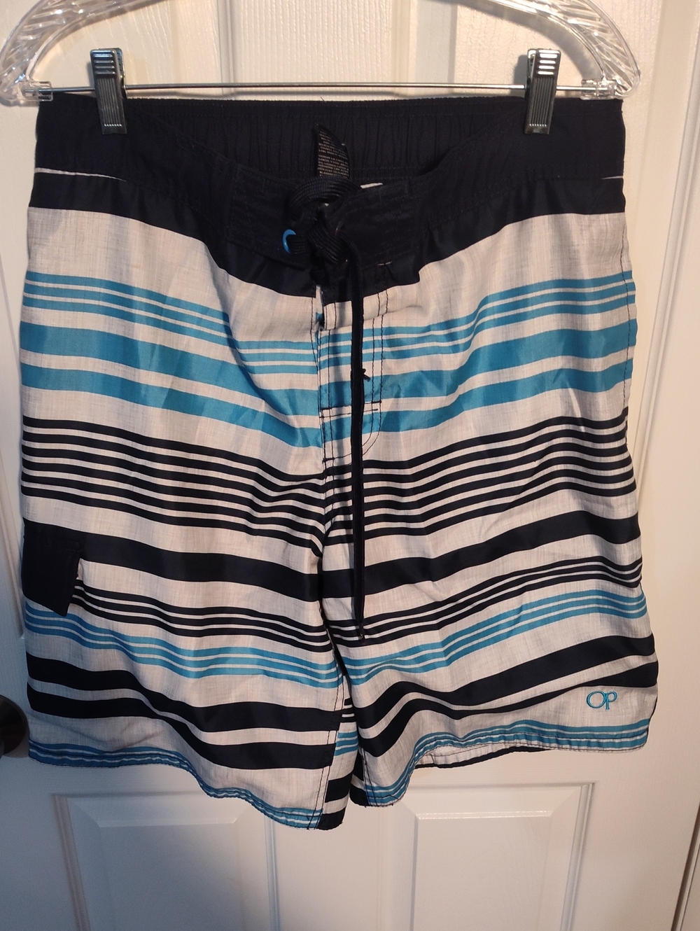 OP Men’s Black, White & Teal Striped Swim Shorts